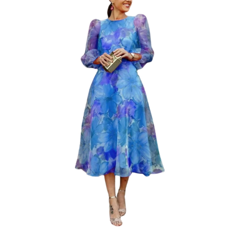 Lillian – Printet Kjole med Lange Ærmer og Rund Hals