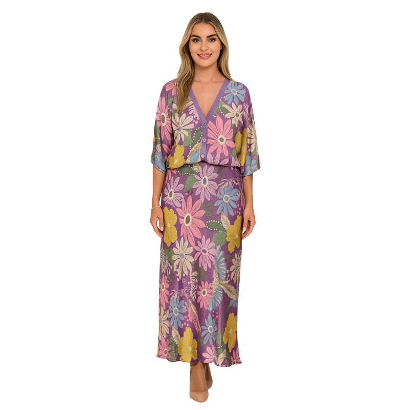 Brielle – Lang Maxikjole med Blomstermønster og Knapper foran