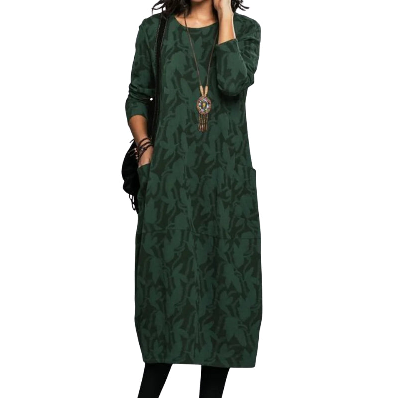 Sienna – Stilfuld Lang Kjole med Rund Hals og Sidelommer