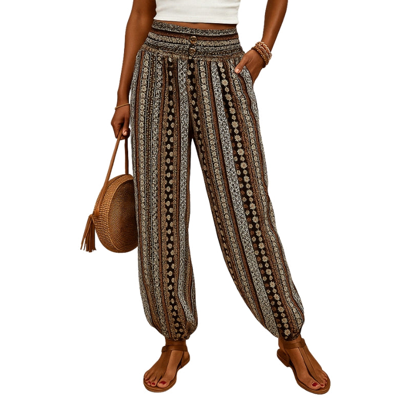 Lila – Højtaljede Bukser med Print Lommer og Elastisk Talje