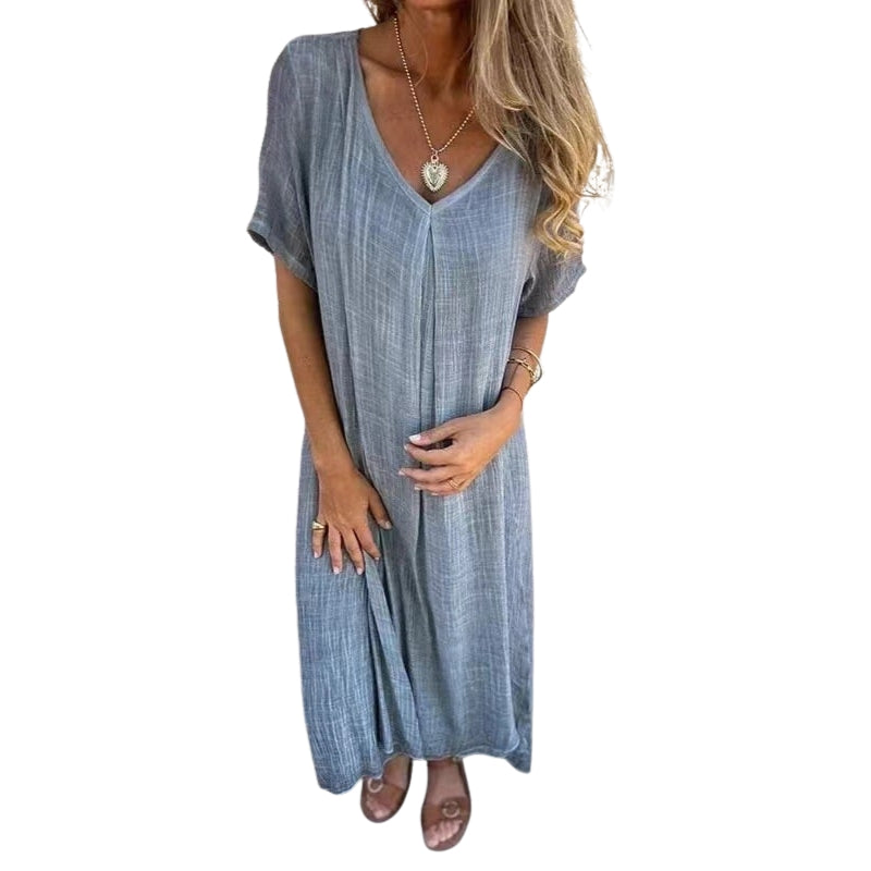 Amara - Midi Kjole med Dybt V hals og Korte Ærmer