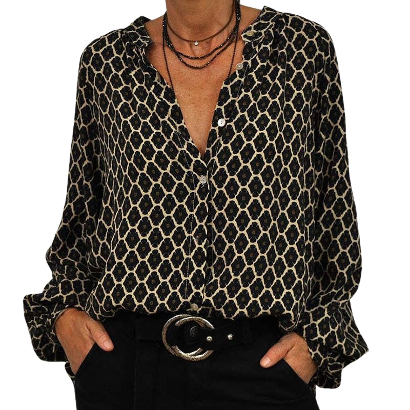 Lina – V-hals Bluse med Lange Ærmer Geometrisk Print og Knaplukning