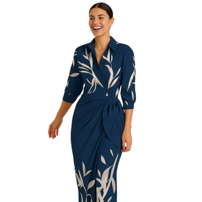 Valeria – Printet Midikjole med Skjortekrave og Korte Ærmer