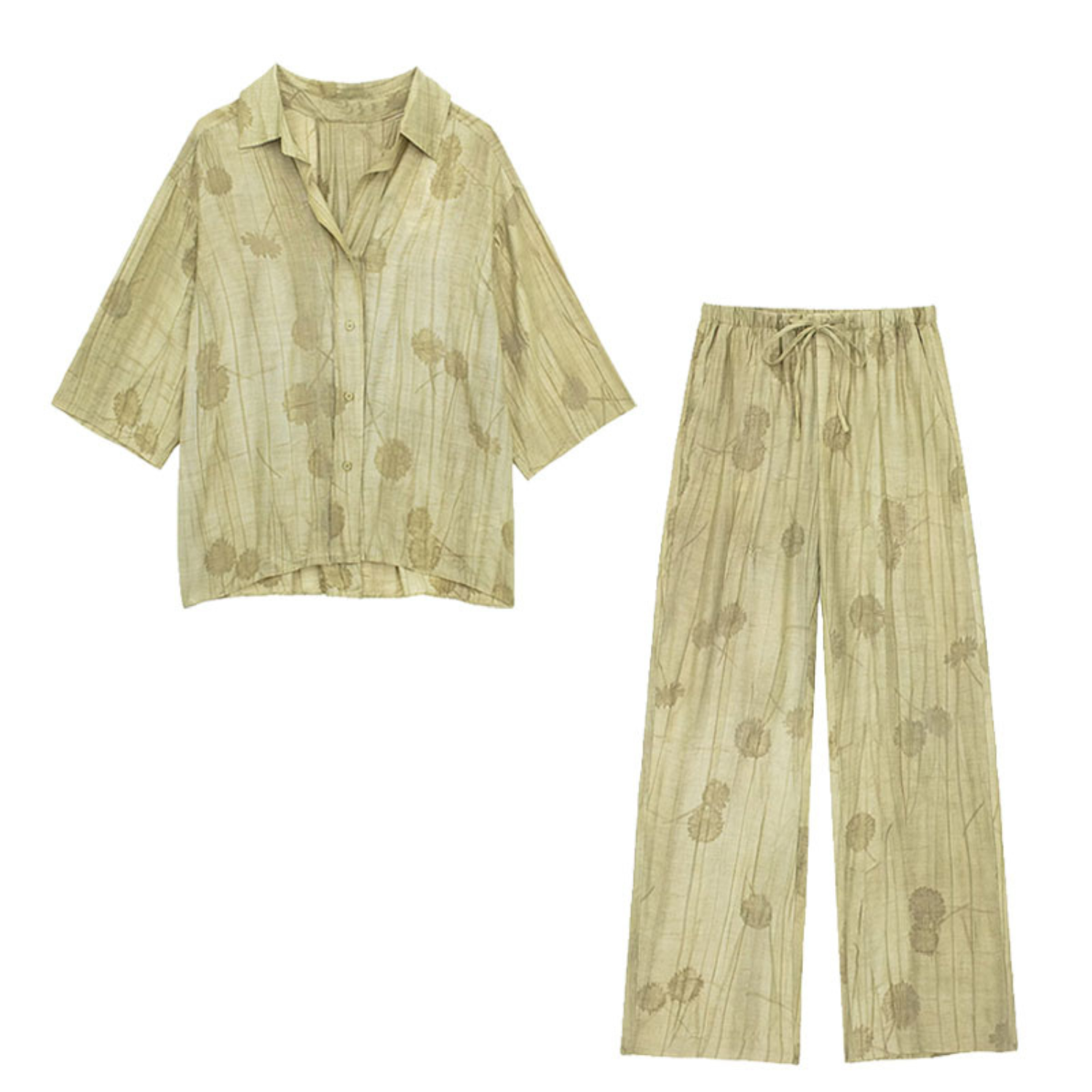 Ida | Sæt med Printet Skjorte og Bukser – Langærmet Skjorte med Revers og Højtaljede Bukser