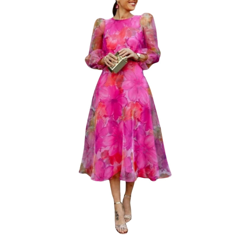 Lillian – Printet Kjole med Lange Ærmer og Rund Hals