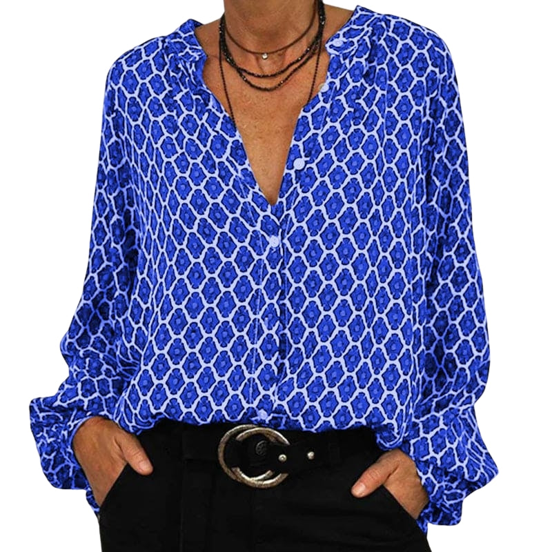 Lina – V-hals Bluse med Lange Ærmer Geometrisk Print og Knaplukning
