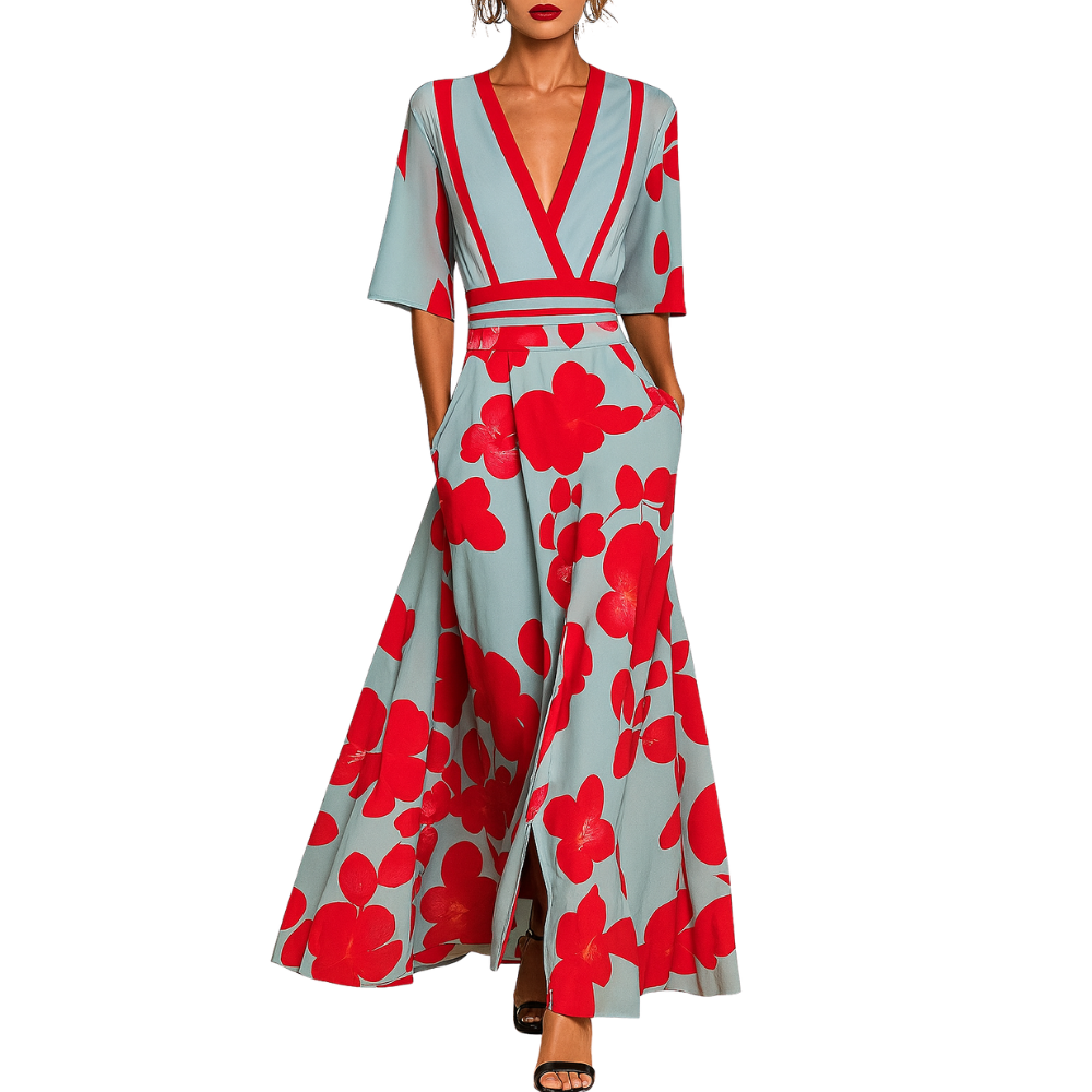 Elira – Maxi Kjole med V-Hals Botanisk Print og Flydende Skørt