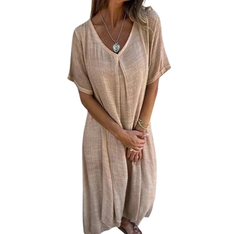 Amara - Midi Kjole med Dybt V hals og Korte Ærmer