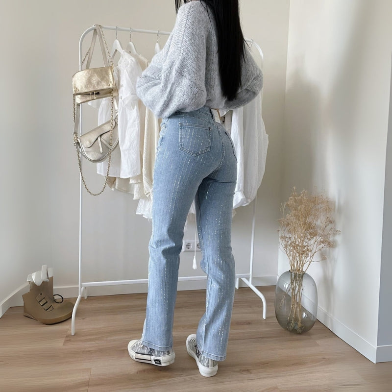 Leah - Højtaljede glitrende jeans med flere lommer