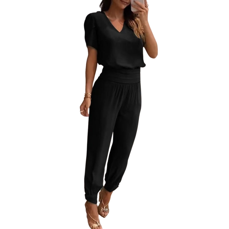 Gabriella - Printet Sæt med V Hals Top og Højtaljede Bukser