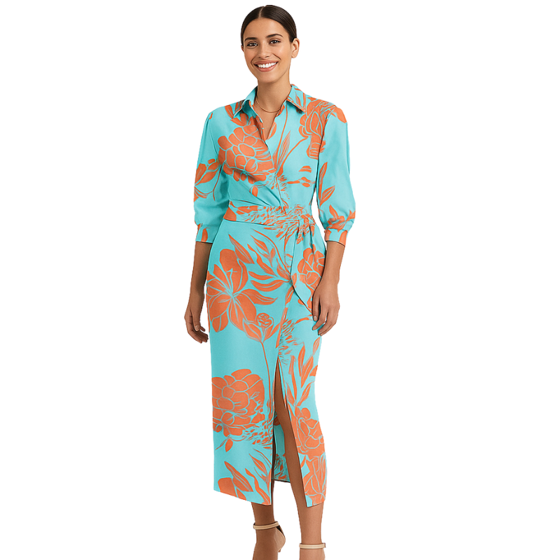 Valeria – Printet Midikjole med Skjortekrave og Korte Ærmer