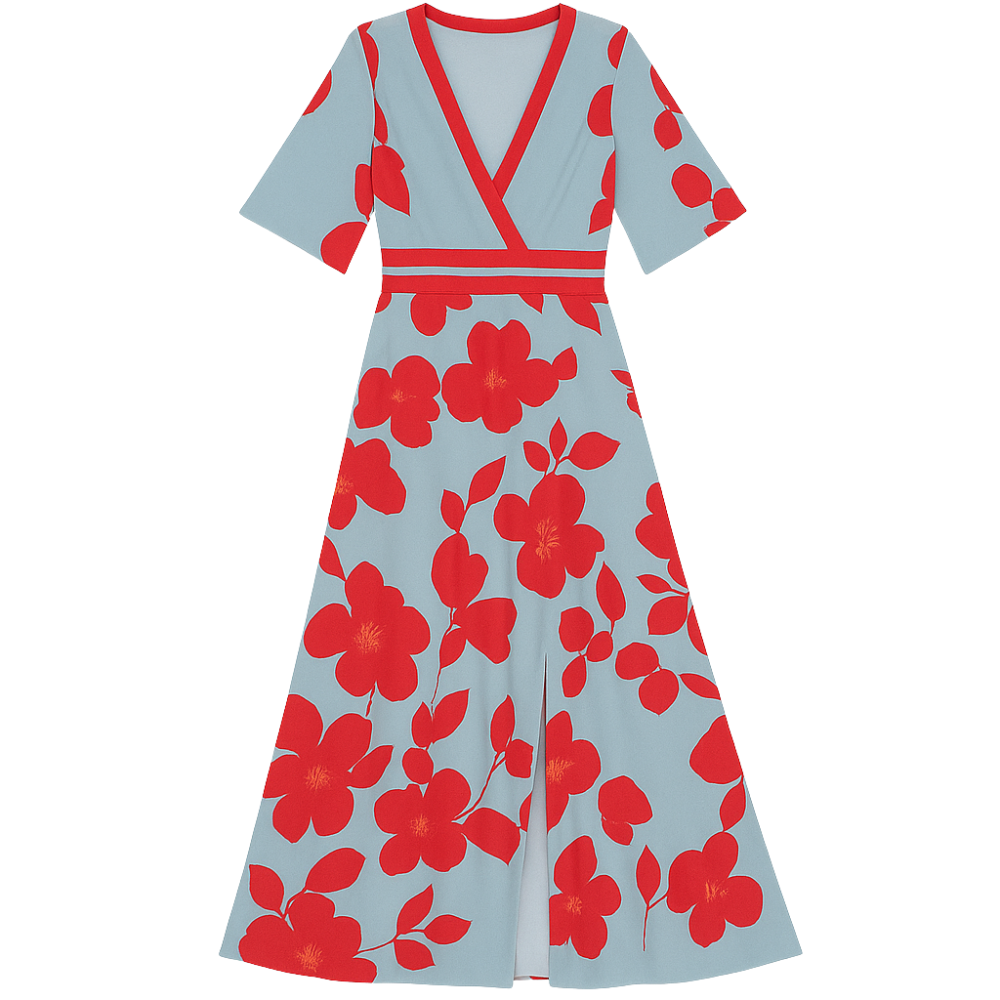 Elira – Maxi Kjole med V-Hals Botanisk Print og Flydende Skørt