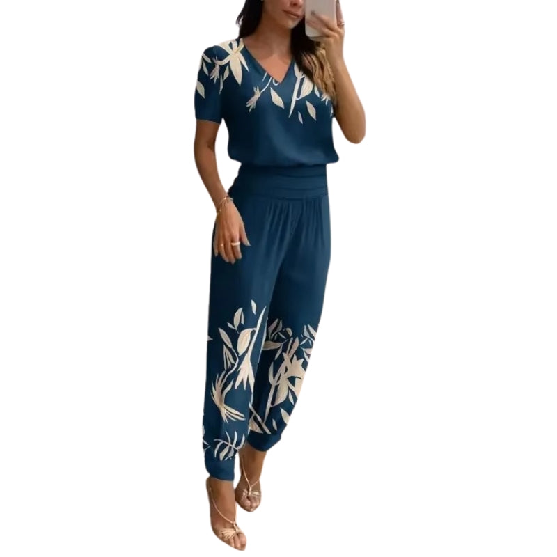 Gabriella - Printet Sæt med V Hals Top og Højtaljede Bukser