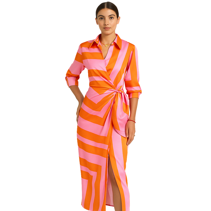 Valeria – Printet Midikjole med Skjortekrave og Korte Ærmer