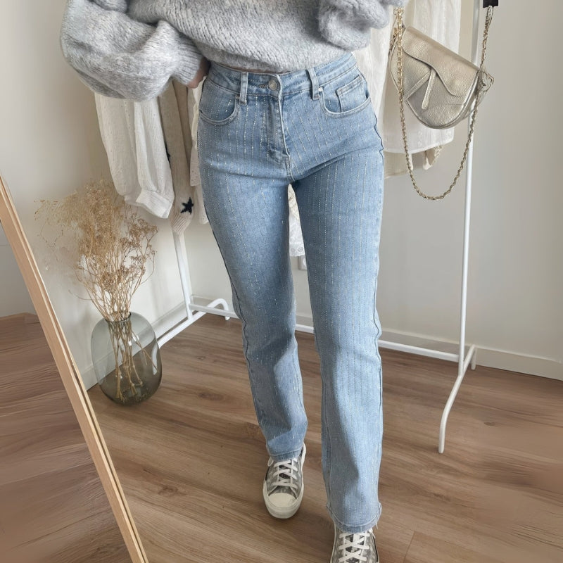 Leah - Højtaljede glitrende jeans med flere lommer