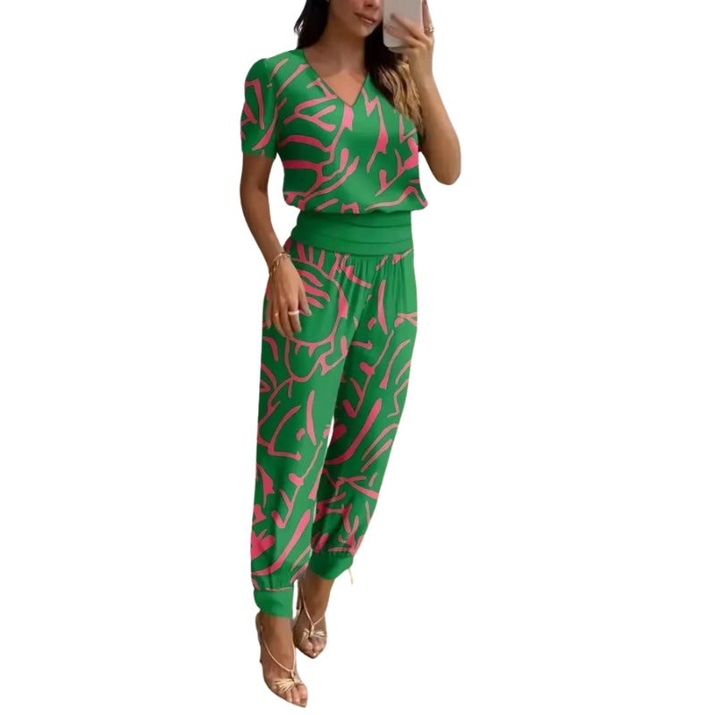 Gabriella - Printet Sæt med V Hals Top og Højtaljede Bukser