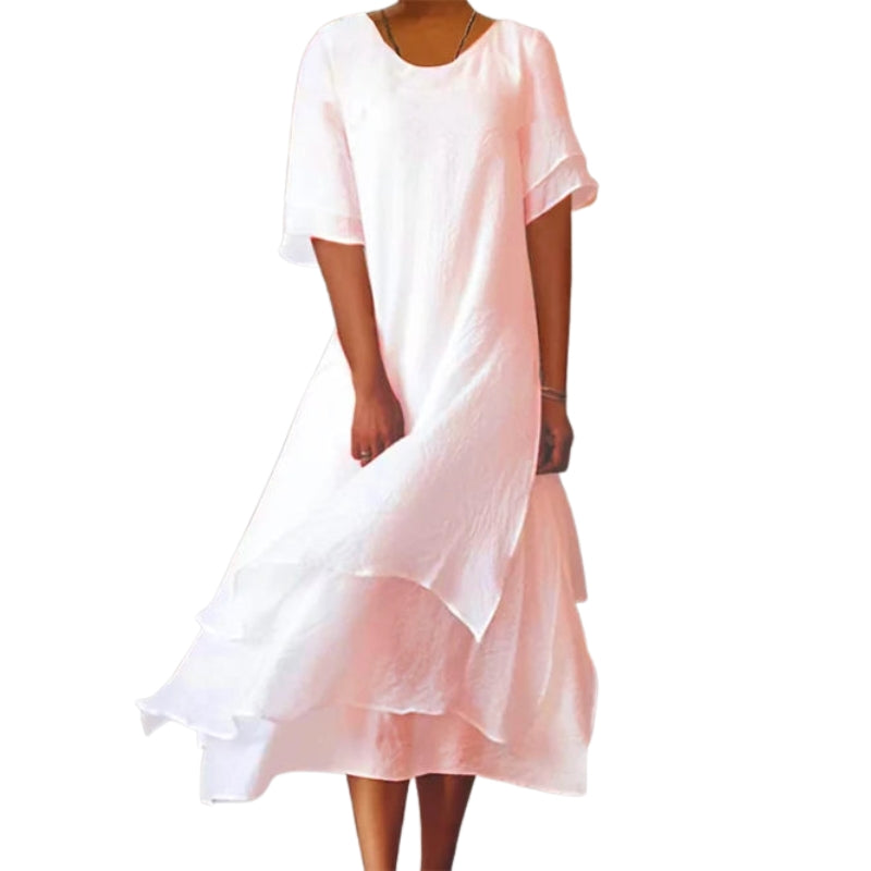 Fiona – Dobbeltlags Kjole med Rund Hals og Korte Ærmer