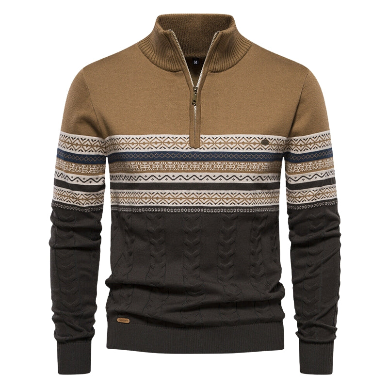 Alexander – Halv Lynlås Sweater med Ståkrave og Geometrisk Print