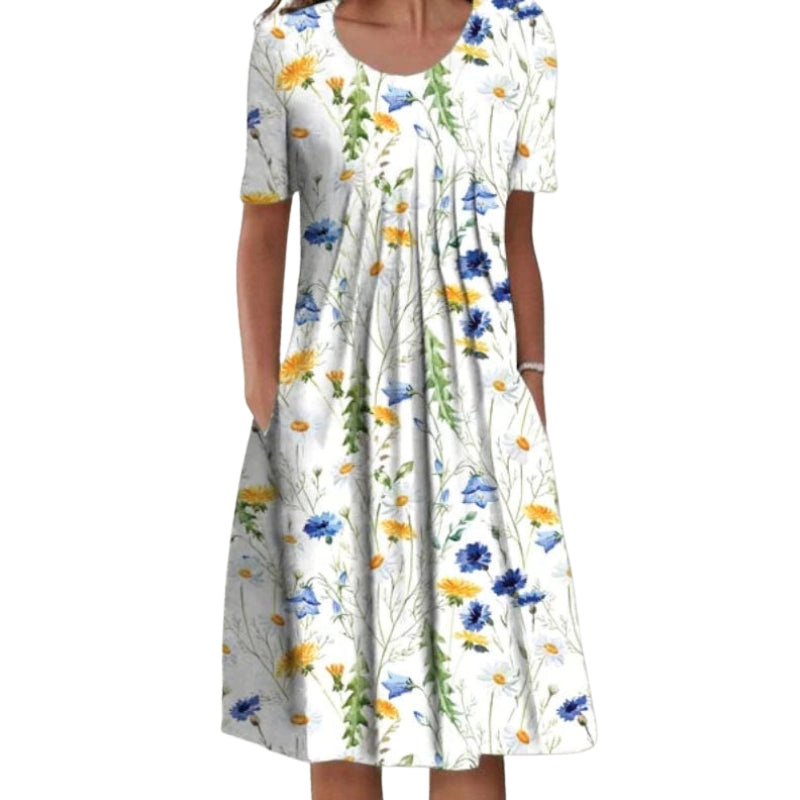 Julia - Blomstret Kjole med Korte Ærmer og Rund Hals