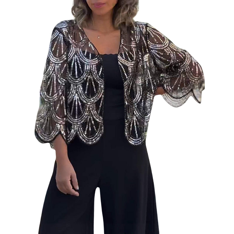Emily – Kortærmet Casual Cardigan med Pailletter og Perler