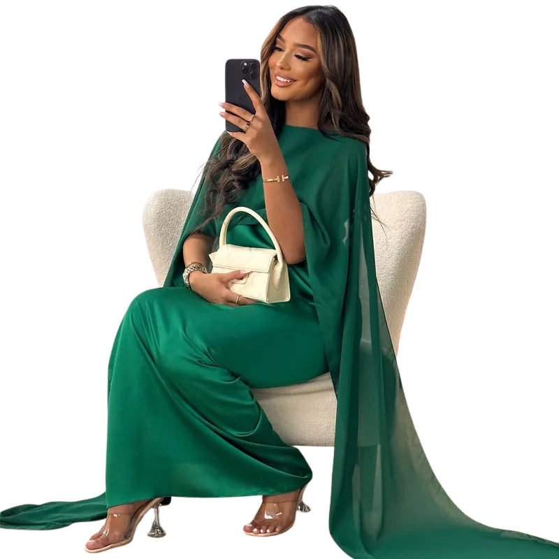 Luna – Flydende Lang Kjole med Sjalærmer og Rund Hals