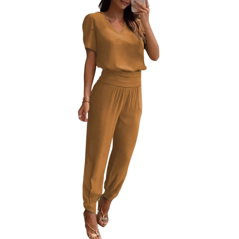 Gabriella - Printet Sæt med V Hals Top og Højtaljede Bukser