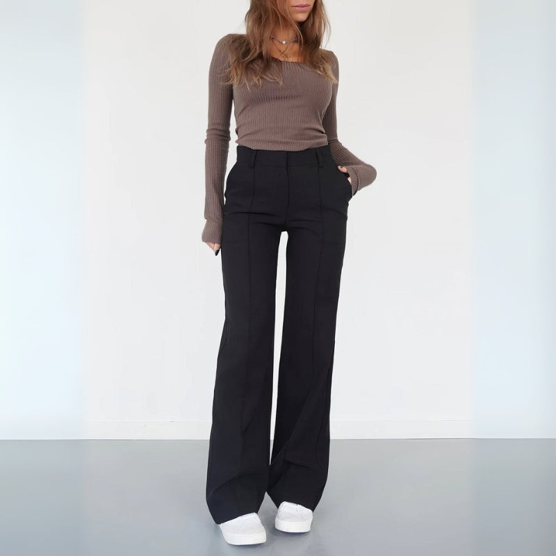 Deborah - Højtaljede Bukser med Bred Ben og Lommer