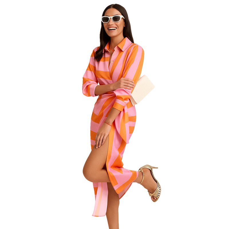 Valeria – Printet Midikjole med Skjortekrave og Korte Ærmer