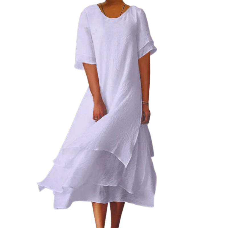 Fiona – Dobbeltlags Kjole med Rund Hals og Korte Ærmer