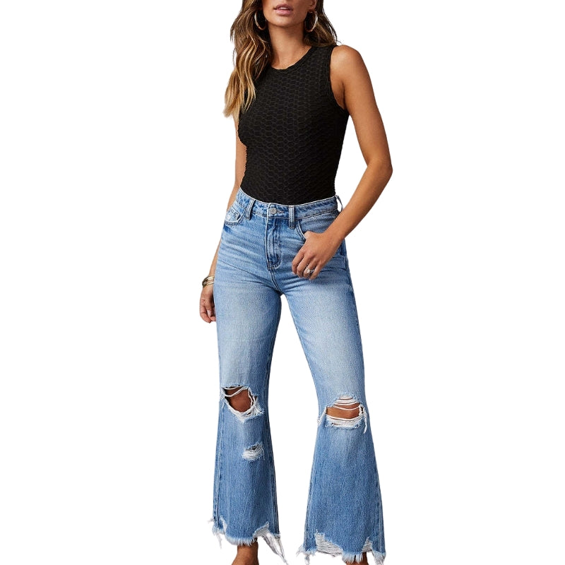 Claire – Højtaljede Skinny Bukser med Slidte Detaljer