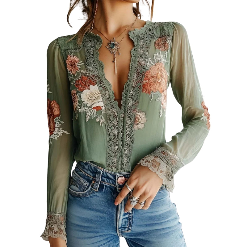 Daisy – Let Blomstret Bluse med V hals og Lange Ærmer
