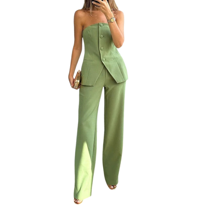 Bella – To-delt Sæt med Stropløst Top og Slanke Bukser i Fuld Længde