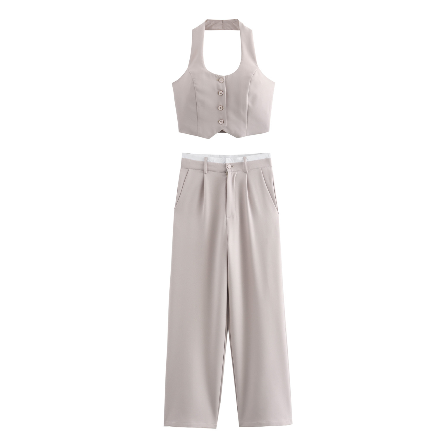 Sofie | Retro Sæt med Rygløs Halterneck Vest og Plisserede Bukser