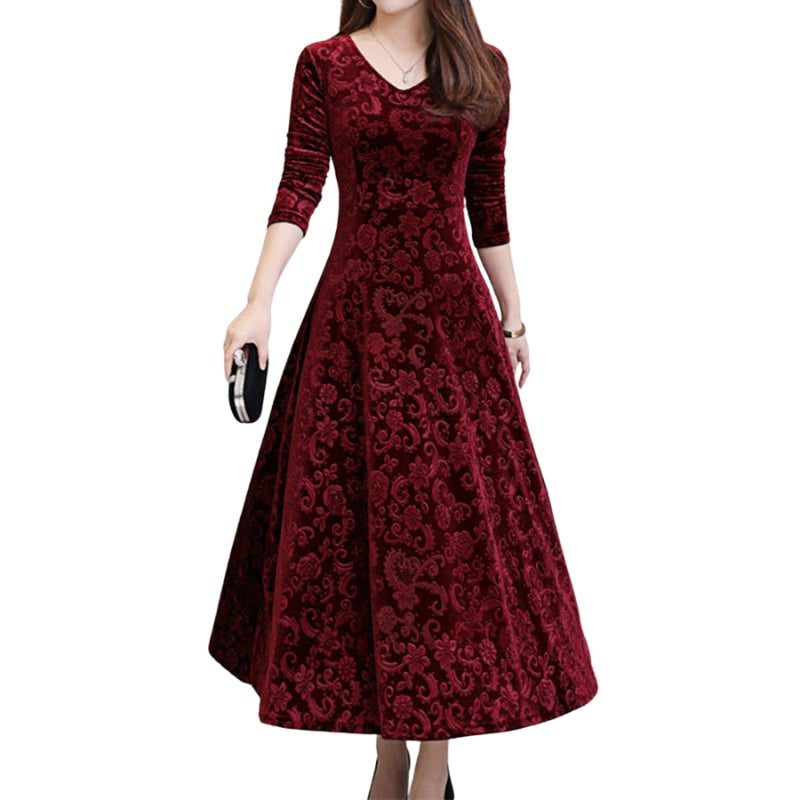 Sophia – Midikjole i Velour med V Hals og Lange Ærmer