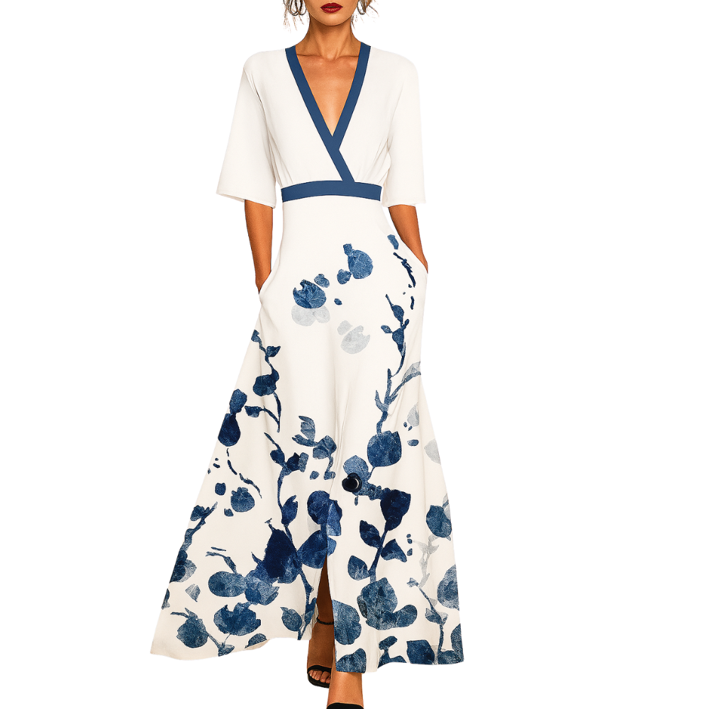 Elira – Maxi Kjole med V-Hals Botanisk Print og Flydende Skørt
