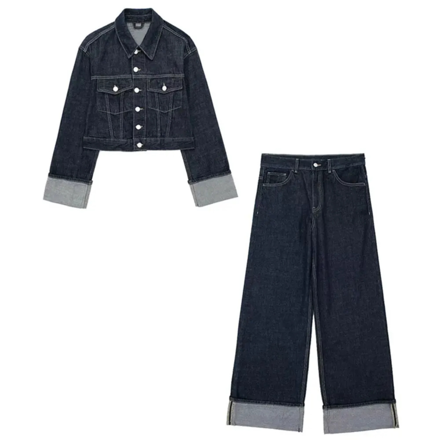 Astrid | Retro Denim Sæt med Splice-Design – Jakke og Bukser