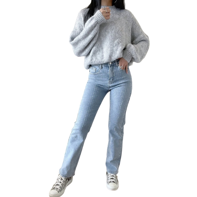 Leah - Højtaljede glitrende jeans med flere lommer