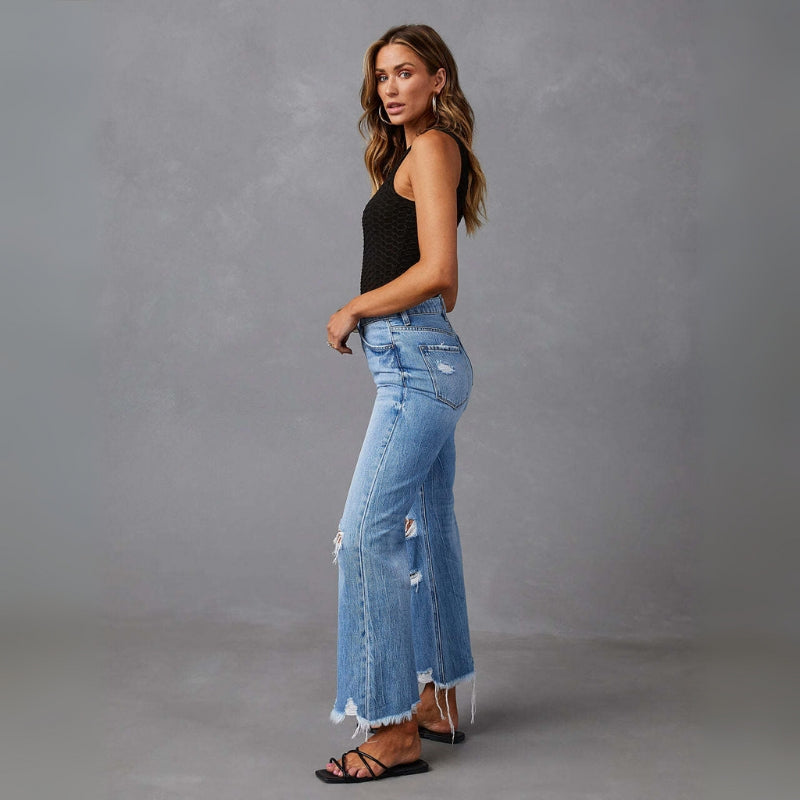 Claire – Højtaljede Skinny Bukser med Slidte Detaljer