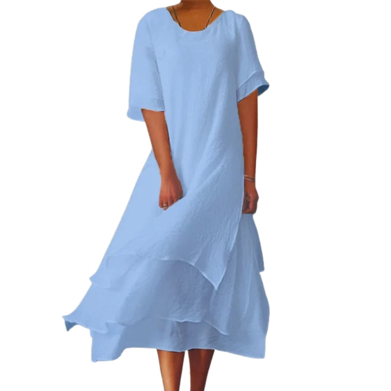 Fiona – Dobbeltlags Kjole med Rund Hals og Korte Ærmer