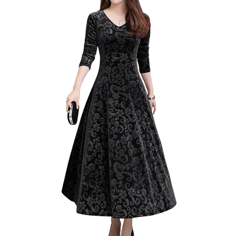 Sophia – Midikjole i Velour med V Hals og Lange Ærmer