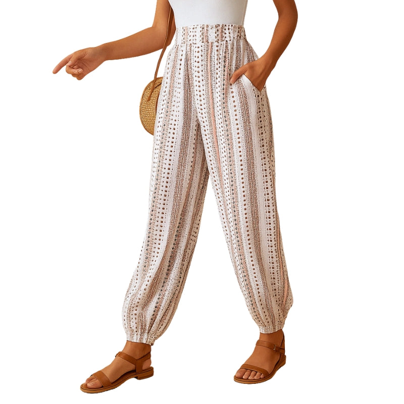 Lila – Højtaljede Bukser med Print Lommer og Elastisk Talje