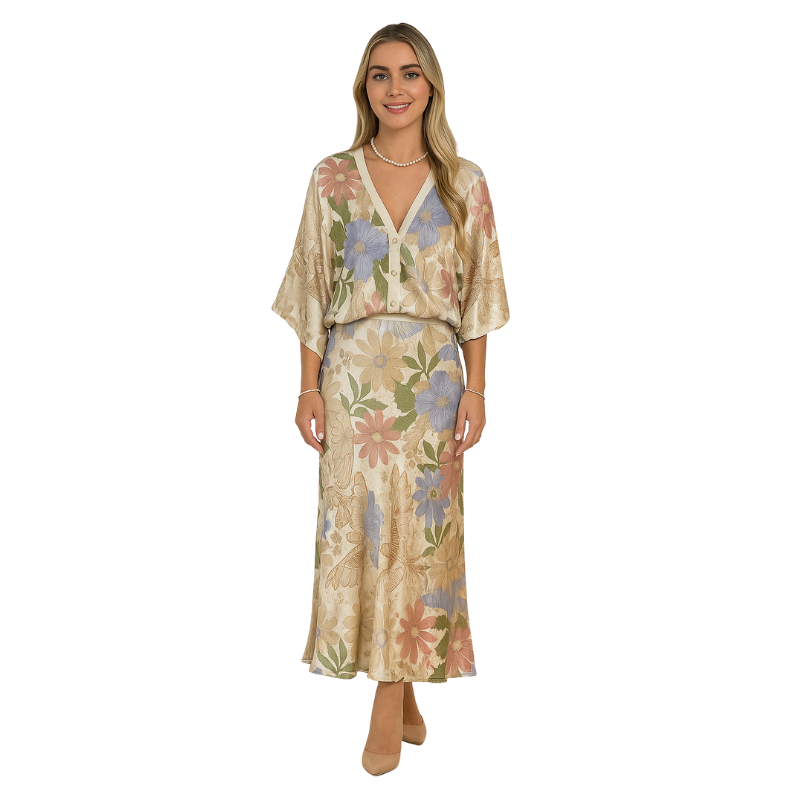 Brielle – Lang Maxikjole med Blomstermønster og Knapper foran