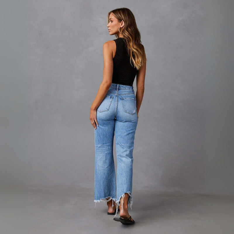 Claire – Højtaljede Skinny Bukser med Slidte Detaljer