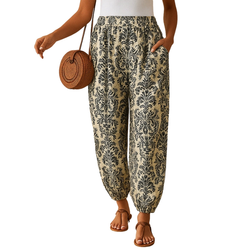 Lila – Højtaljede Bukser med Print Lommer og Elastisk Talje