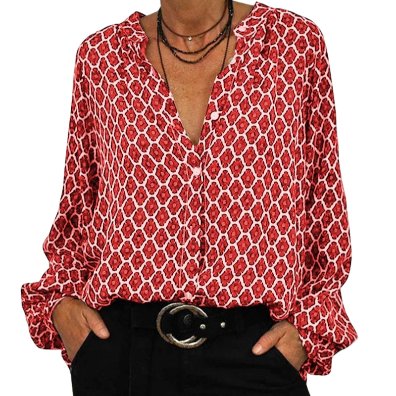 Lina – V-hals Bluse med Lange Ærmer Geometrisk Print og Knaplukning