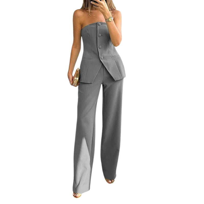 Bella – To-delt Sæt med Stropløst Top og Slanke Bukser i Fuld Længde