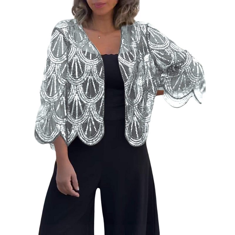 Emily – Kortærmet Casual Cardigan med Pailletter og Perler