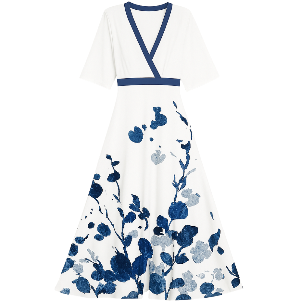 Elira – Maxi Kjole med V-Hals Botanisk Print og Flydende Skørt