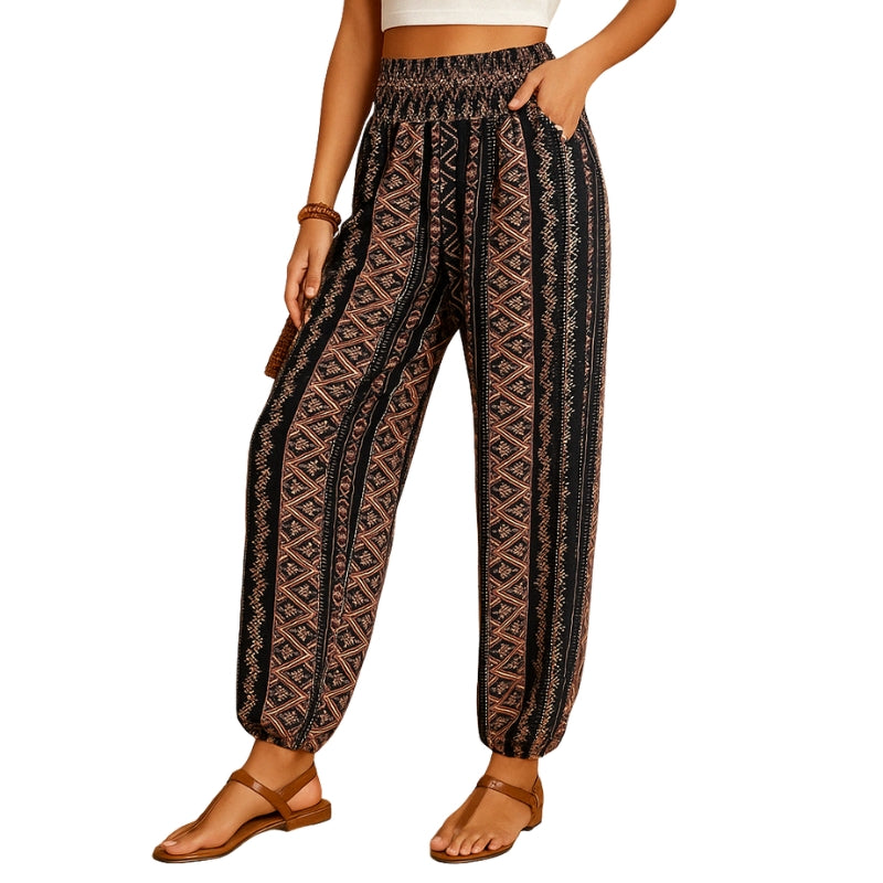 Lila – Højtaljede Bukser med Print Lommer og Elastisk Talje