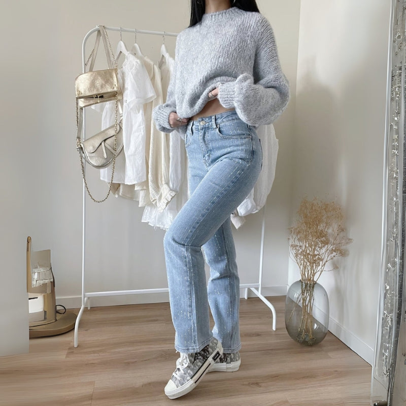 Leah - Højtaljede glitrende jeans med flere lommer